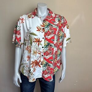 BUFFALO - Tropical Button-down blouse with short sleeves. Oversized fit. Medium